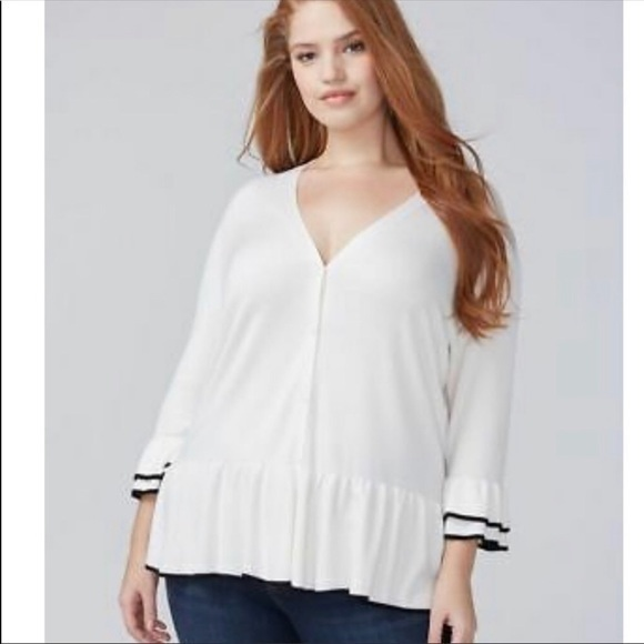 LANE BRYANT WHITE RUFFLE HEM CARDIGAN‎ with black trim - Picture 1 of 8